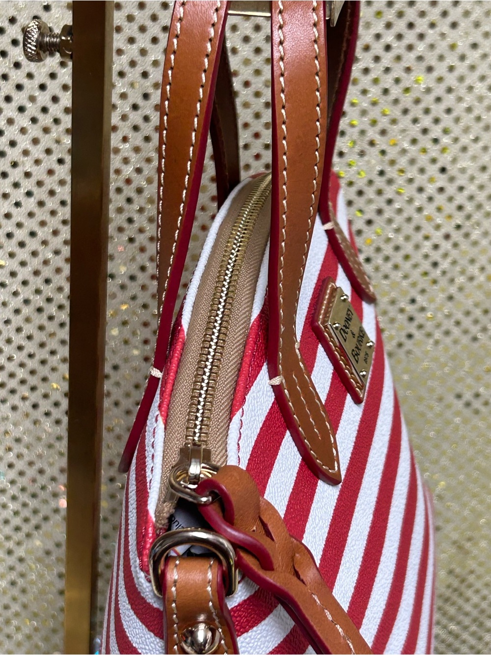 Dooney & Bourke Red and White Striped Crossbody Satchel with Brown Trim - Picture 9 of 16